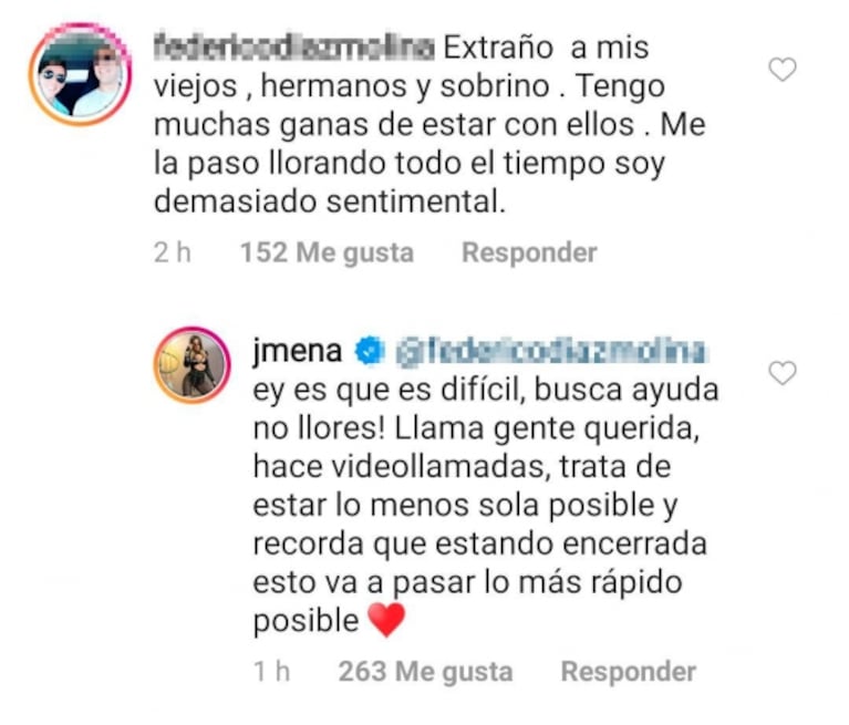 El cálido mensaje de apoyo de Jimena Barón a un seguidor angustiado por la cuarentena: "Esto va a pasar"