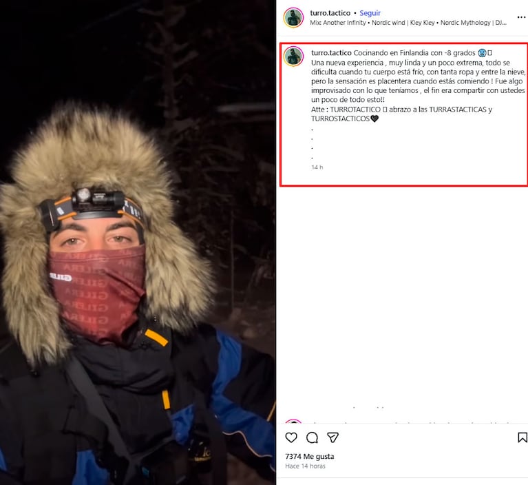 El cantante le cocinó a su novia en medio de un bosque nevado . Imágenes del Instagram @turro.tactico