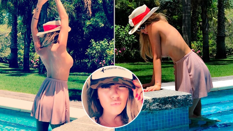 El chapuzón sexy de Karina Jelinek con un topless cuidado en la pileta