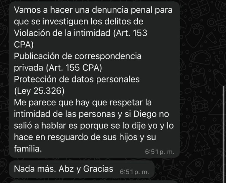 El chat de Matías Vázquez con el abogado de Diego Brancatelli.
