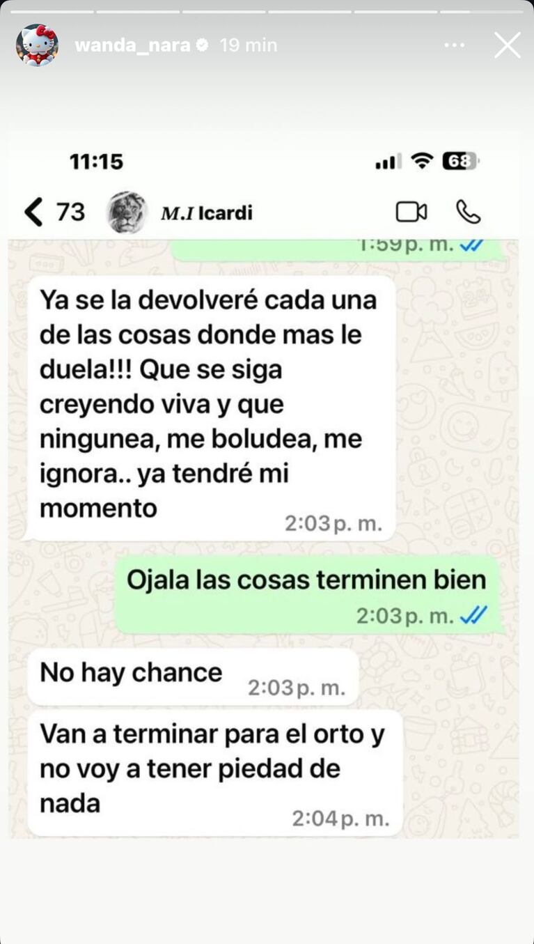 El chat de Mauro Icardi con una persona del círculo íntimo de Wanda Nara (Foto: captura de Instagram).