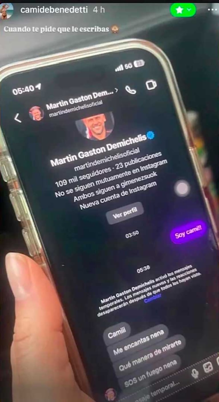 El chat entre Camila Debenedetti y Martín Demichelis (Foto: Instagram @camidebenedetti)