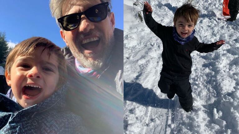 El Chato Prada disfrutó de los primeros pasos de su pequeño en la nieve.