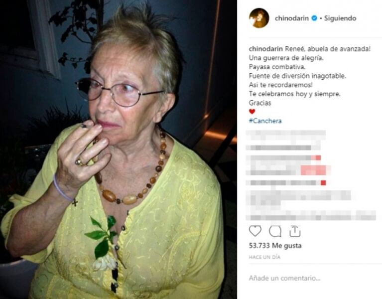 El Chino Darín despidió a su abuela con un bello mensaje y una pícara foto: "Guerrera de la alegría"