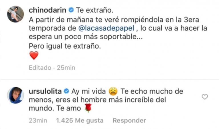 El Chino Darín le dedicó un posteo súper romántico a Úrsula Corberó: la tierna reacción de la actriz española 