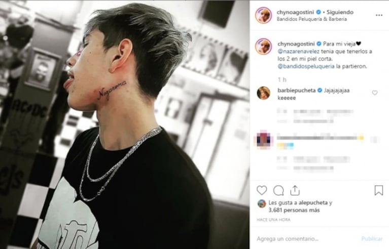 El Chyno Agostini se tatuó en el cuello el nombre de su madre, Nazarena Vélez: "Para mi vieja"