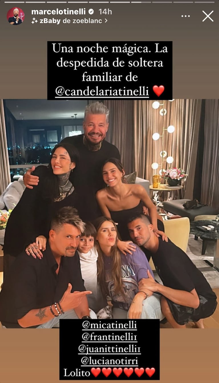 El clan Tinelli en la despedida de soltera de Cande (Foto: captura Instagram).