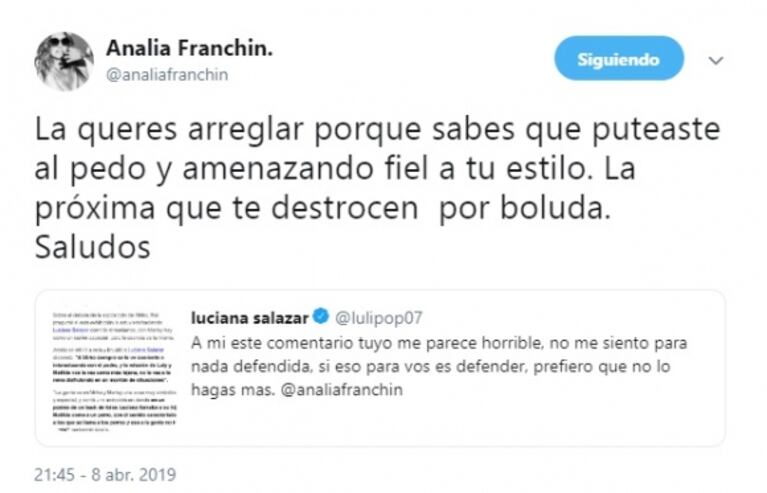 El comentario de Analía Franchín sobre la hija de Salazar que enfureció a Luciana: "¡Basura, no te lo voy a permitir!"