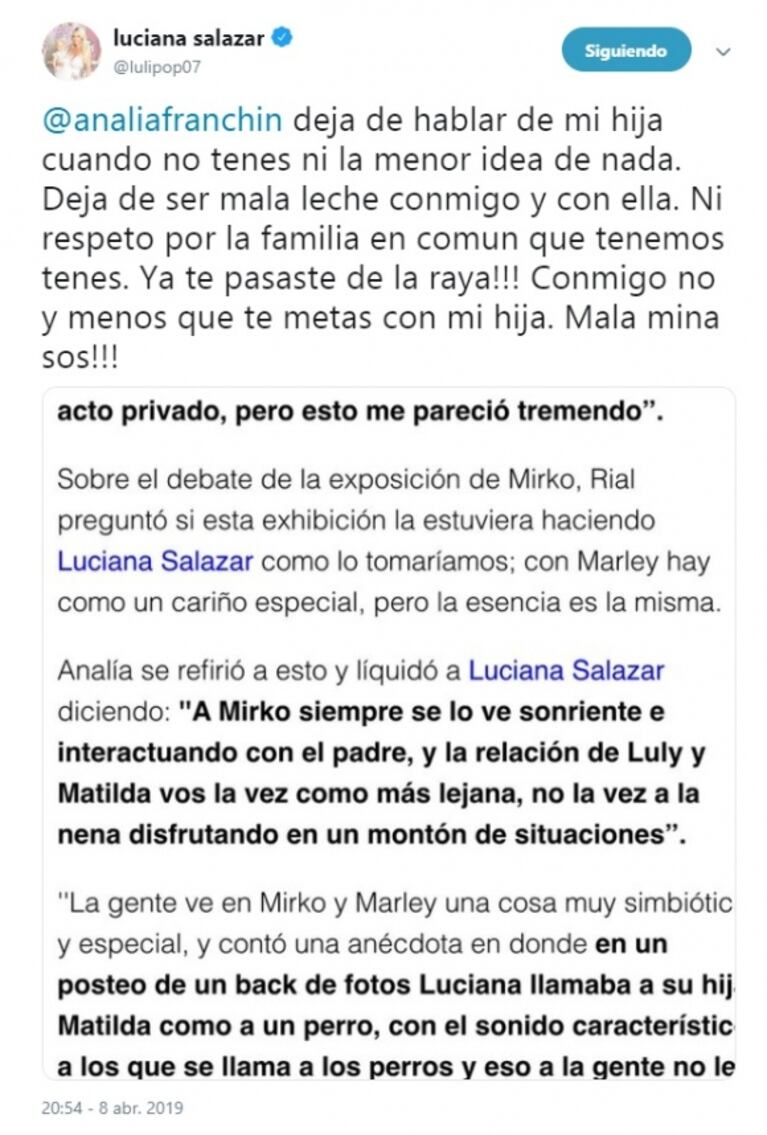 El comentario de Analía Franchín sobre la hija de Salazar que enfureció a Luciana: "¡Basura, no te lo voy a permitir!"