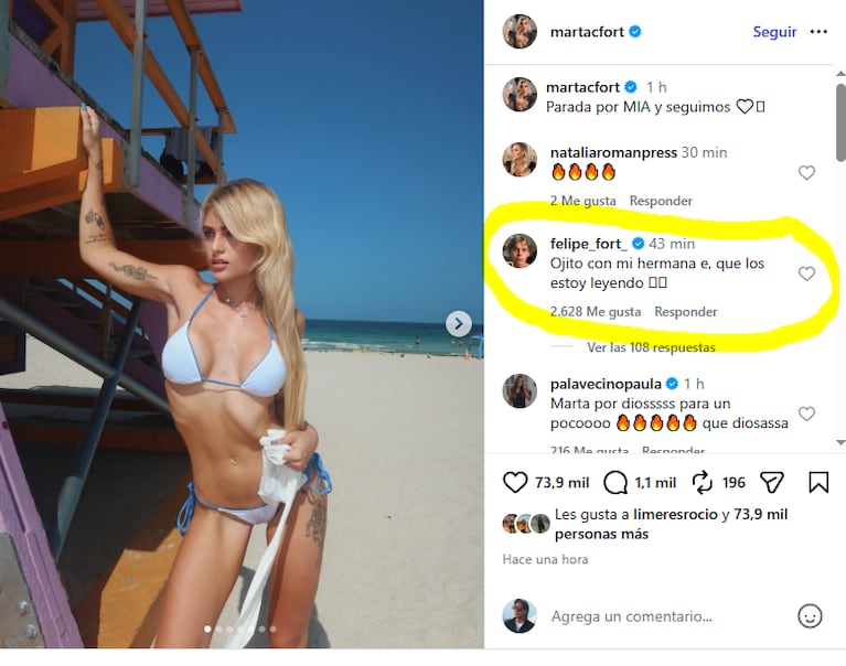 El comentario de Felipe Fort en el Instagram de su hermana Marta.