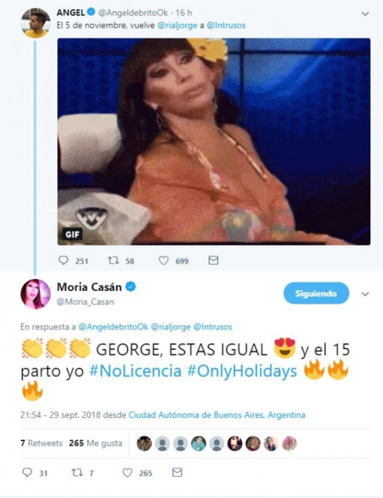 El comentario de Moria Casán, tras que De Brito anunciara el regreso de Rial a Intrusos: "Y yo parto, no de licencia, solo vacaciones"