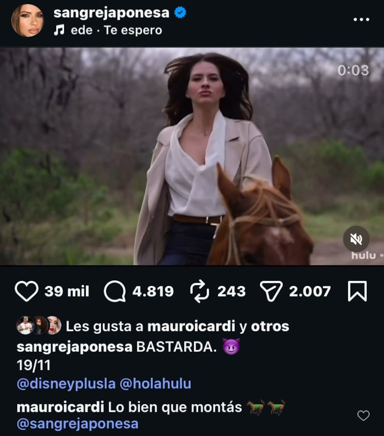 El comentario hot de Mauro Icardi a la China Suárez (Foto: captura de Instagram/@sangrejaponesa).