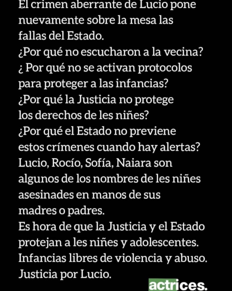 El comunicado de Actrices Argentinas por el asesinato de Lucio Dupuy: "Su crimen pone sobre la mesa las fallas del Estado"