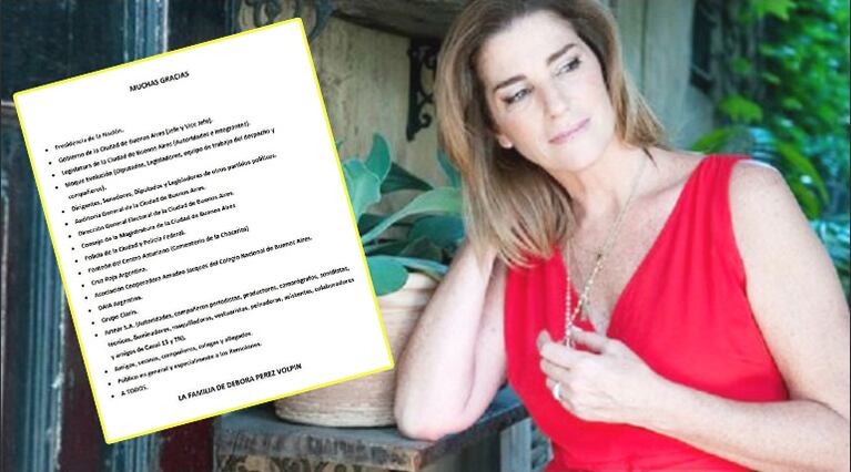 El comunicado de agradecimiento de la familia de Débora Pérez Volpin, a dos semanas de su fallecimiento (Foto: Web)