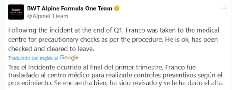 El comunicado de Alpine sobre la salud de Franco Colapinto tras su choque (Foto: captura de X).