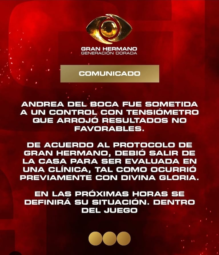 El comunicado de Andrea del Boca sobre la salida de la casa de Gran Hermano (Foto: redes sociales GH).