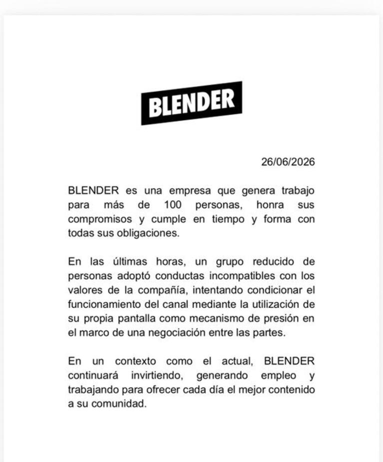 El comunicado de Blender tras el levantamiento en vivo de un programa en protesta por despidos.