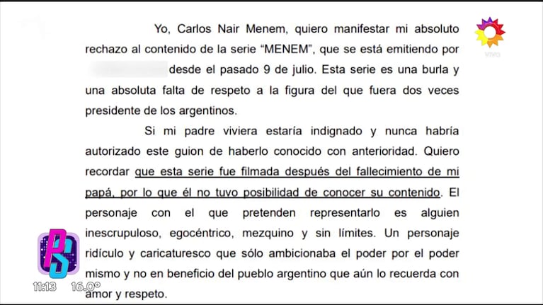 El comunicado de Carlitos Nair Menem sobre la serie Menem (Foto: captura de eltrece).