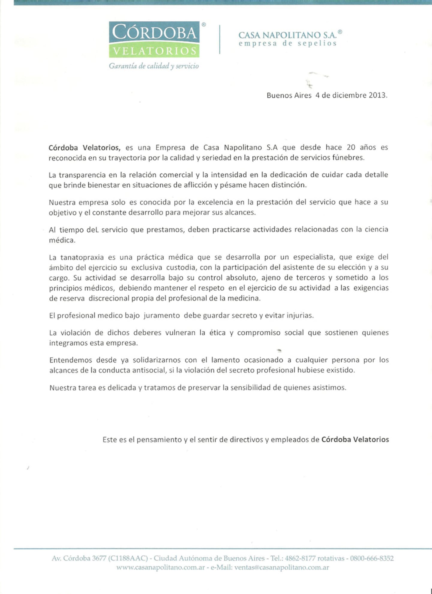 El comunicado de Córdoba Velatorios.