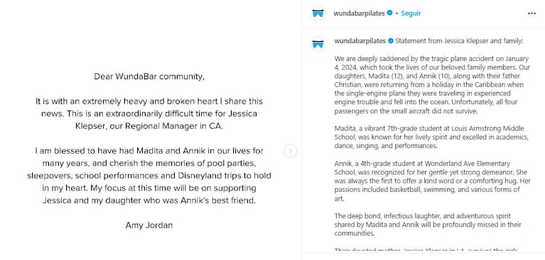 El comunicado de Jesica Klepser tras la muerte de Christian Oliver y sus dos hijas Madita y Annik (Foto: Instagram @wundabarpilates)