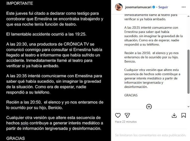 El comunicado de José María Muscari sobre la trágica muerte de Ernestina Pais (Foto: captura de Instagram/@josemariamuscari).