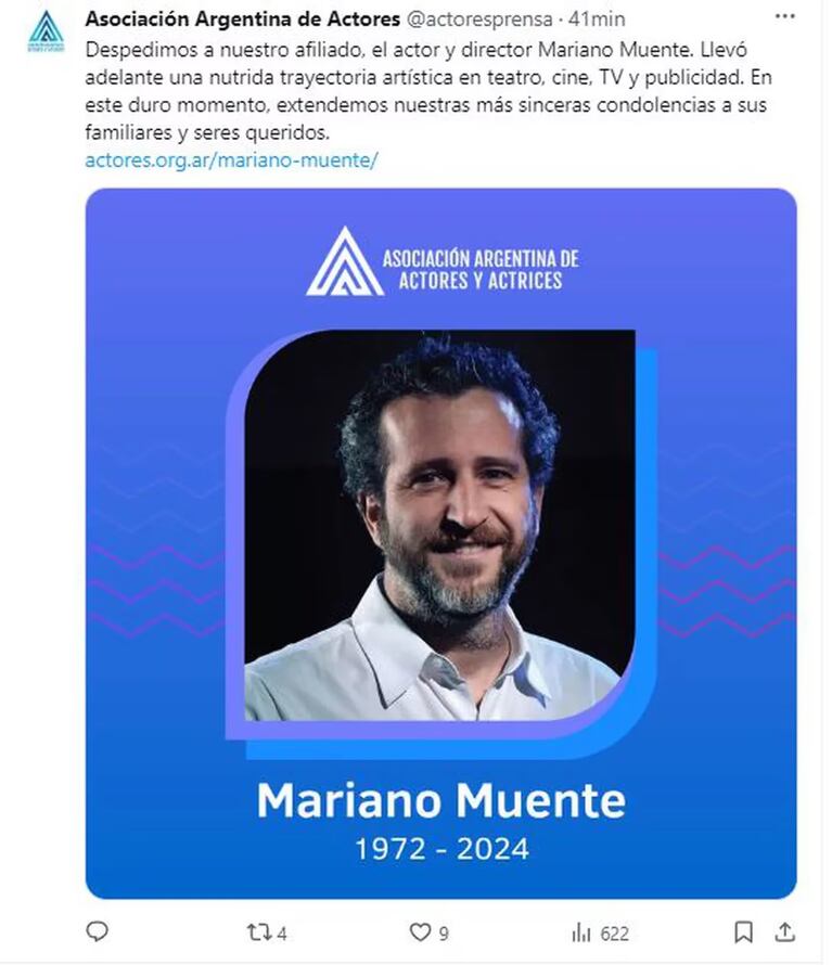 El comunicado de la Asociación Argentina de Actores por la muerte de Mariano Muente.