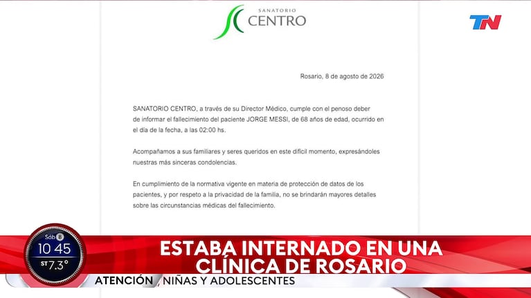 El comunicado de la clínica donde murió Jorge Messi (Foto: captura de TN).