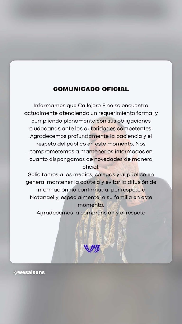 El comunicado de la discográfica de Callejero Fino (Foto: Instagram jessibelen_723)