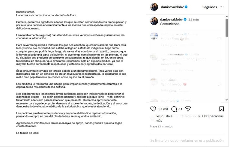 El comunicado de la familia de Daniel Osvaldo. Foto: Instagram (@daniosvaldobv)