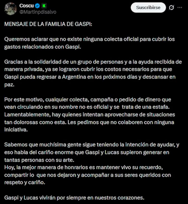 El comunicado de la familia de Gaspi difundido por Coscu (captura de X)