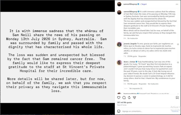 El comunicado de la familia de Sam Neill por su muerte.