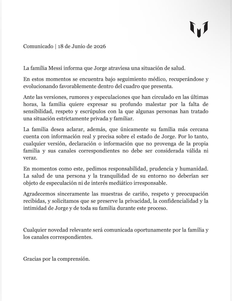 El comunicado de la familia Messi sobre la salud de Jorge.