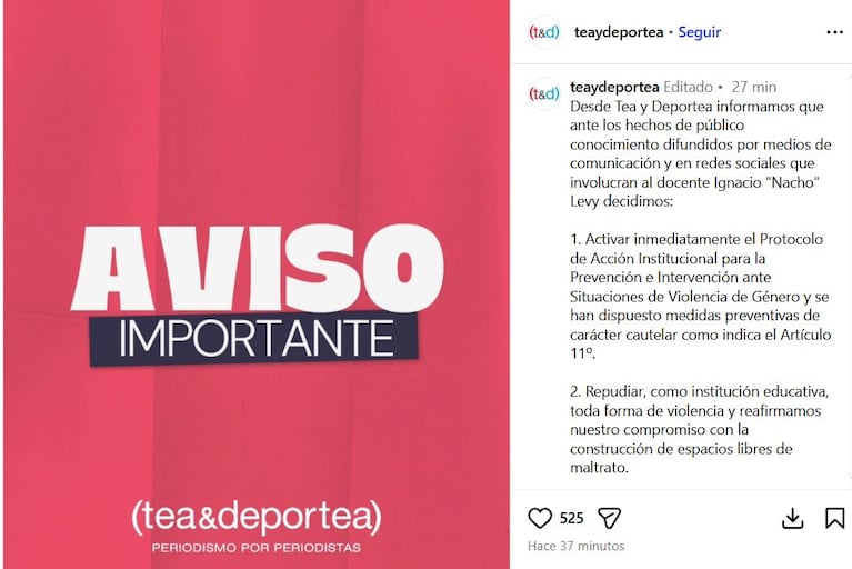 El comunicado de la universidad en la que se desempeña Nacho Levy como profesor tras las denuncias públicas en su contra (Foto: Instagram/@teaydeportea).