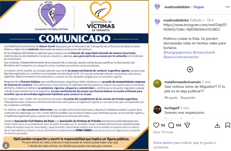El comunicado de las Madres del Dolor contra la China Suárez (Foto: captura de Instagram/@madresdeldolor).