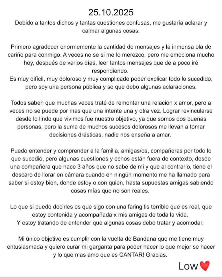 El comunicado de Lowrdez Fernández. (Foto: @lowrdez)