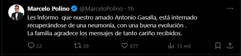 El comunicado de Marcelo Polino sobre la salud de Antonio Gasalla (Foto: captura de X).