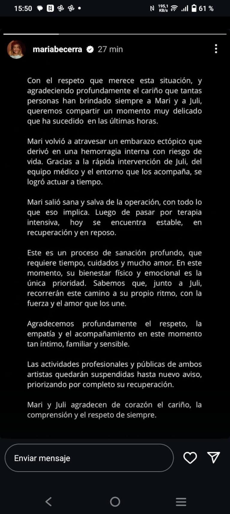 El comunicado de María Becerra. (Foto: @mariabecerra)