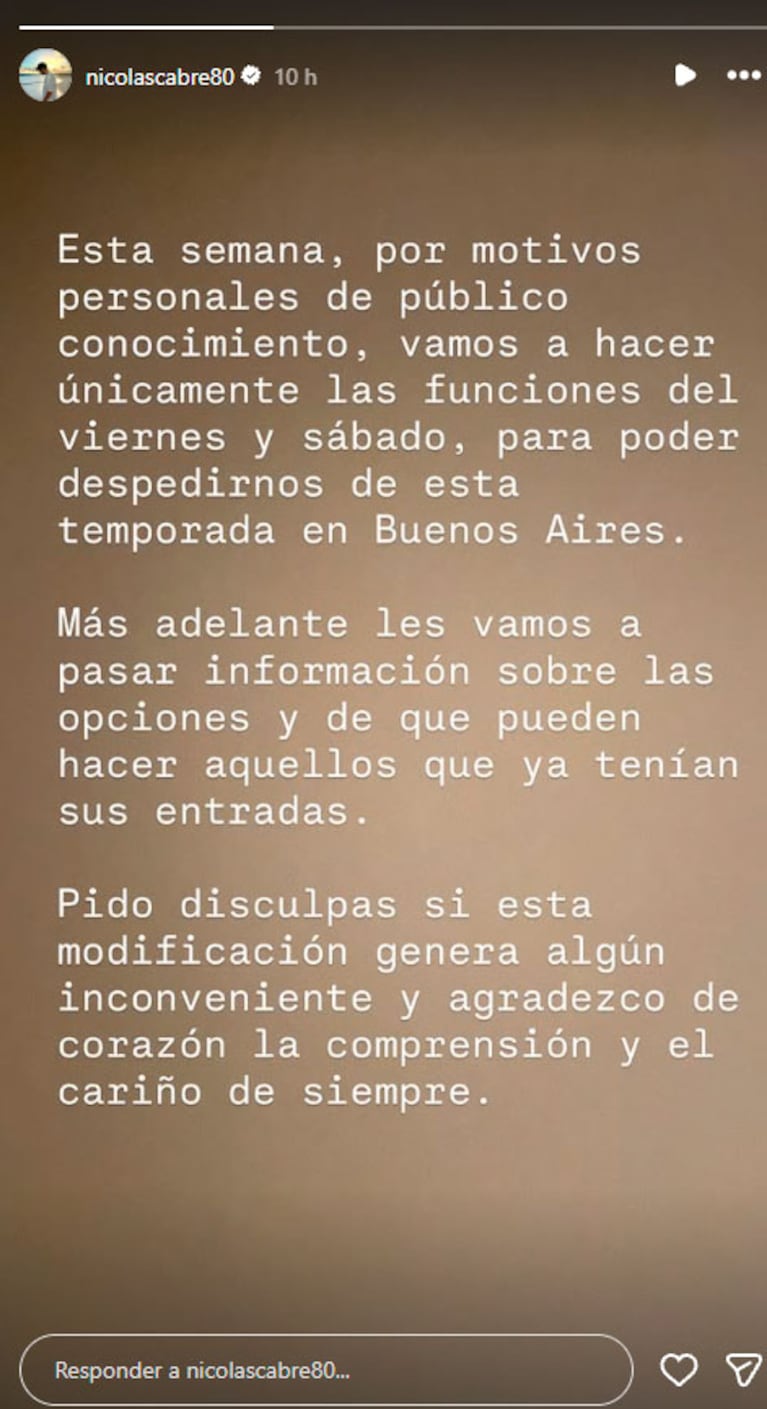 El comunicado de Nicolás Cabré tras la muerte de su hermano (captura de Instagram)