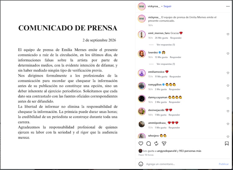 El comunicado de prensa de Emilia Mernes.