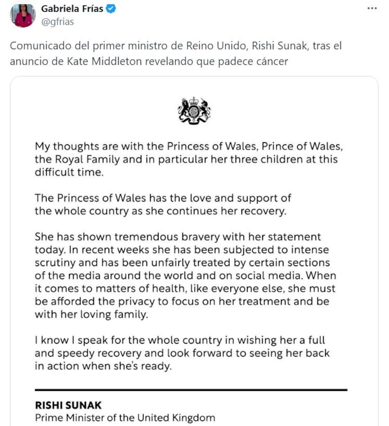 El comunicado de Rishi Sunak, el primer ministro de Reino Unido, sobre la salud de Kate Middleton.