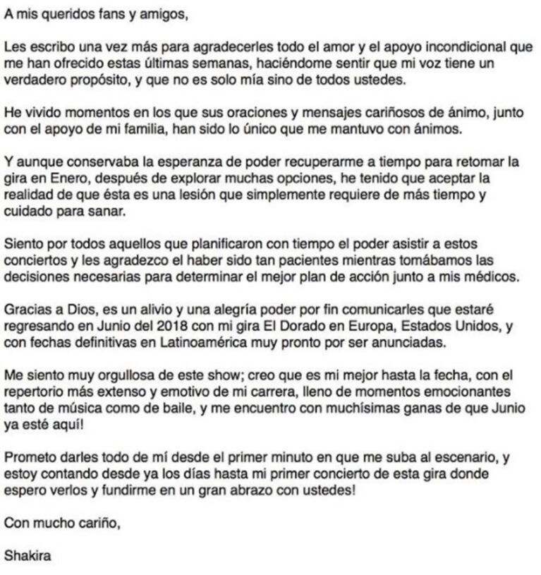 El comunicado de Shakira sobre su estado de salud y su vuelta a los escenarios: "Estaré de regreso con mi gira en junio del 2018"