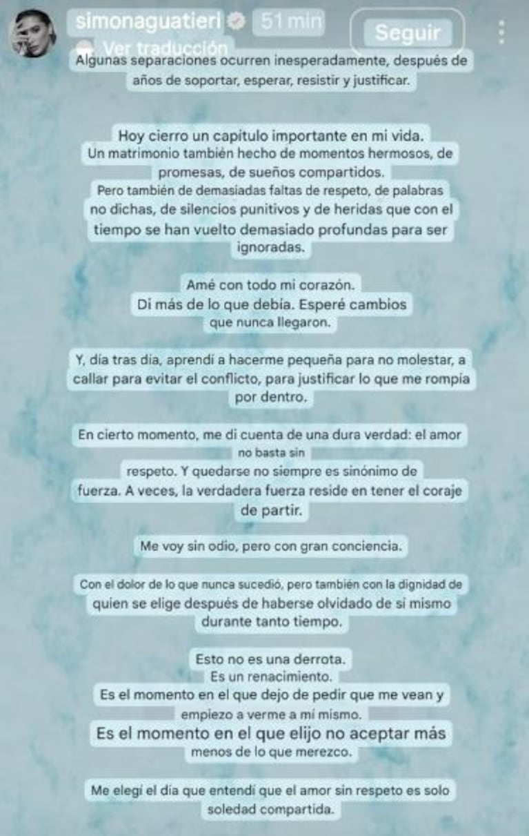 El comunicado de Simona Guatieri para anunciar la separación. Foto: Captura de Instagram Stories (@simonaguatieri)