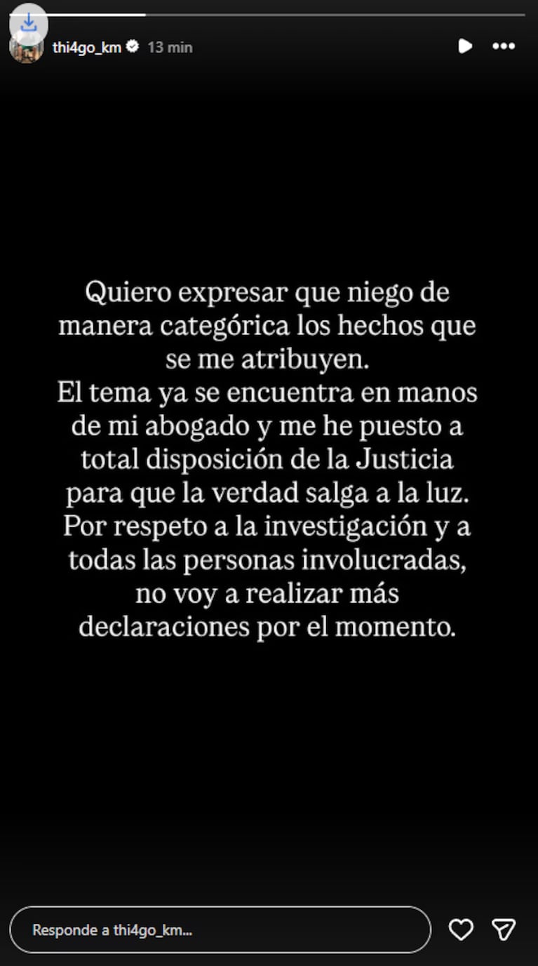 El comunicado de Thiago Medina en Instagram tras ser denunciado por abuso sexual.