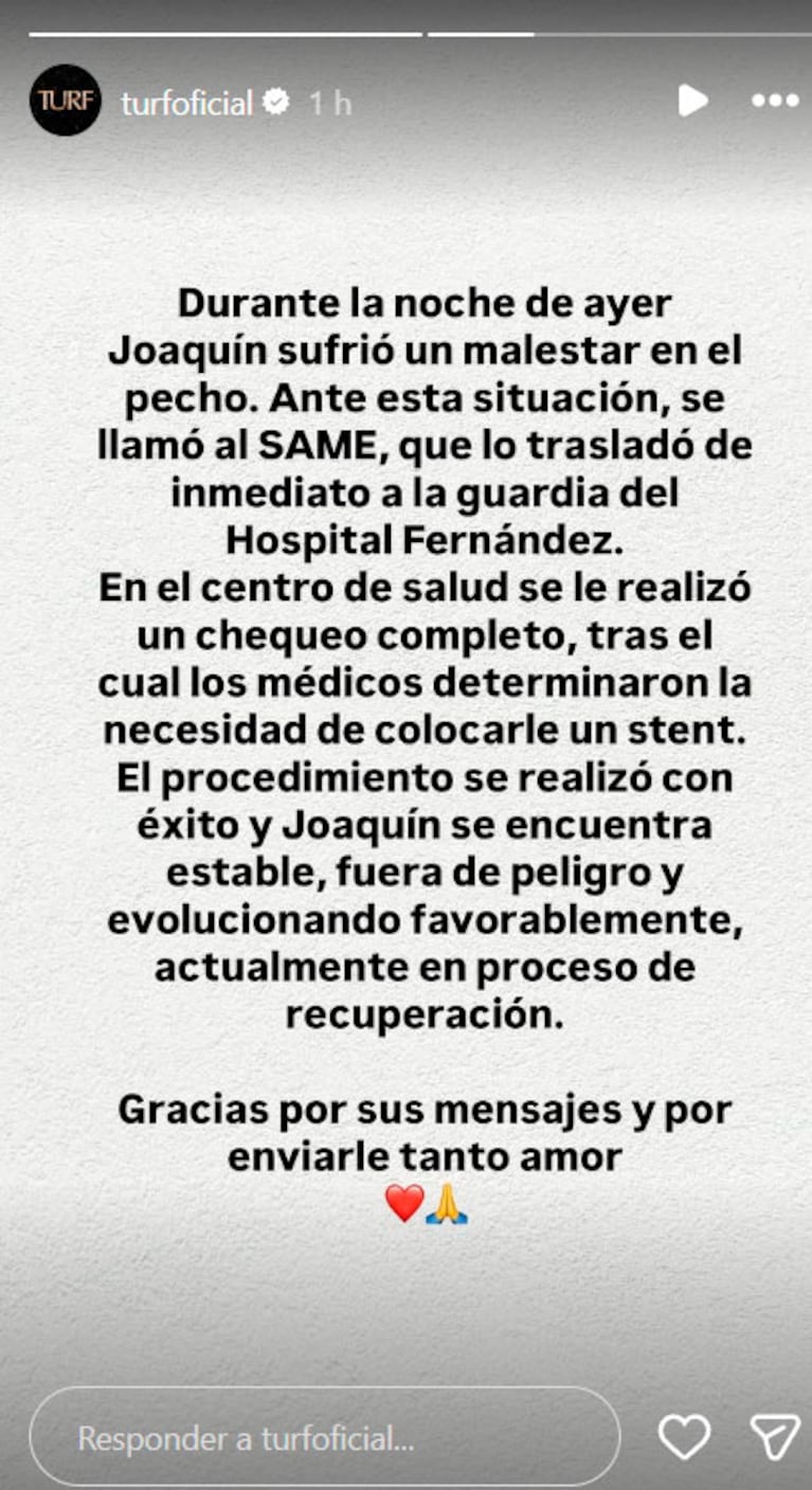 EL COMUNICADO DE TURF SOBRE LA SALUD DE JOAQUÍN LEVINTON (Instagram)