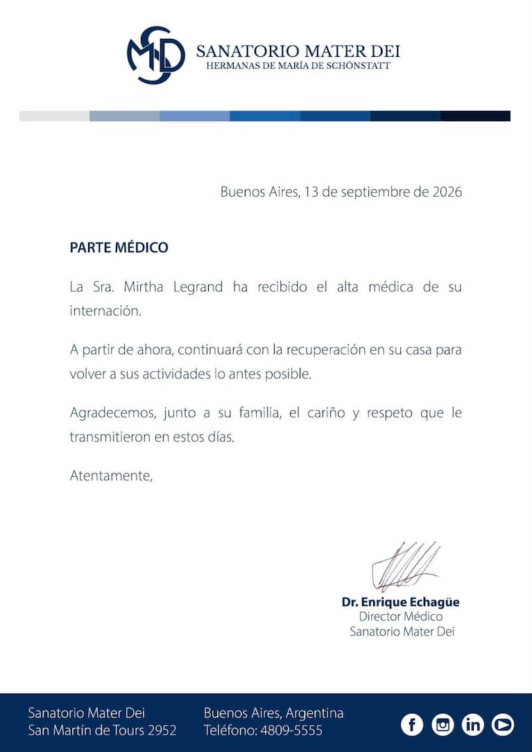 El comunicado del alta de Mirtha Legrand (Foto: Sanatorio Mater Dei)