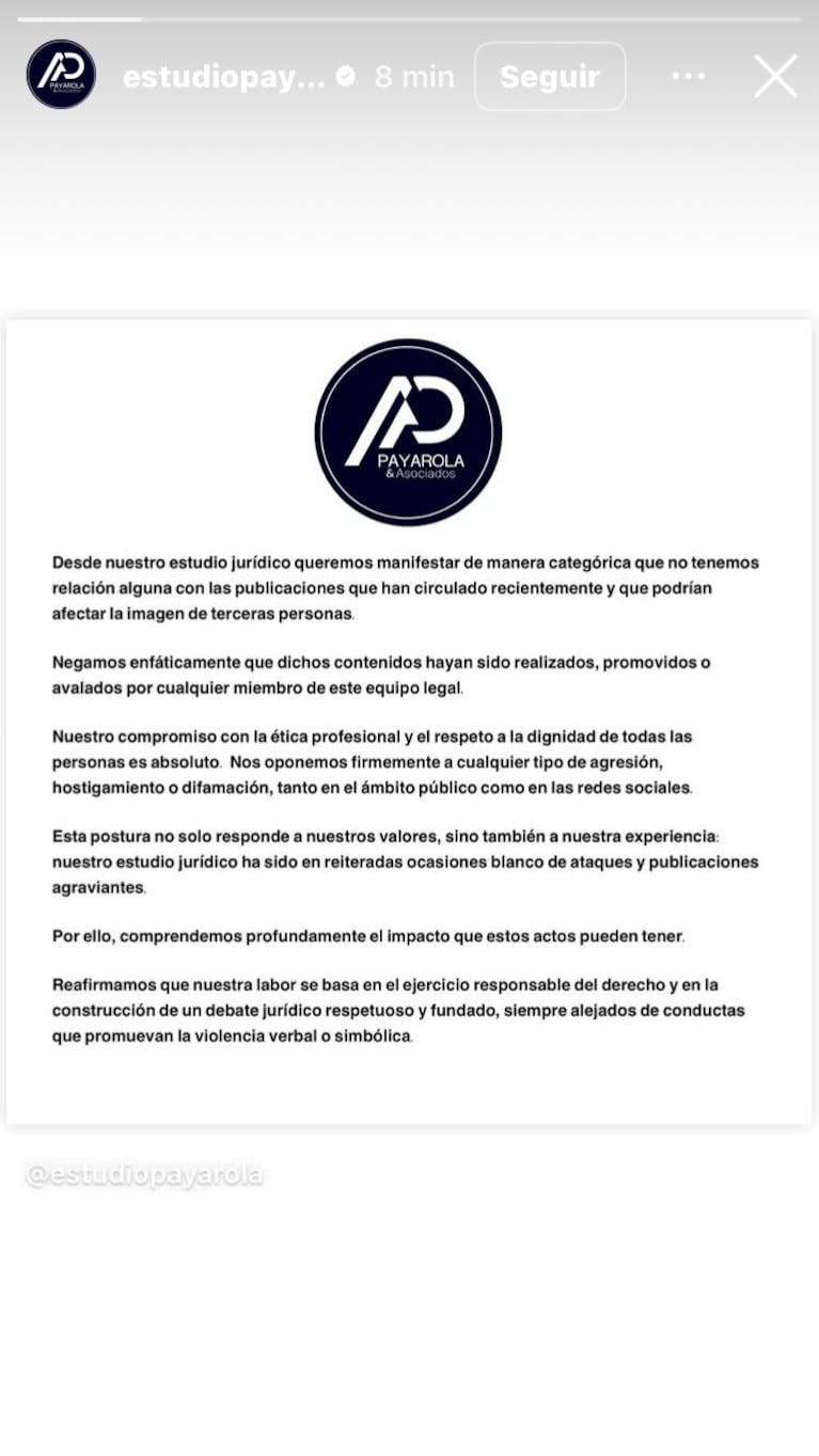 El comunicado del Estudio Payarola sobre las denuncias de la China Suárez (Foto: captura de Instagram/@estudiopayarola).