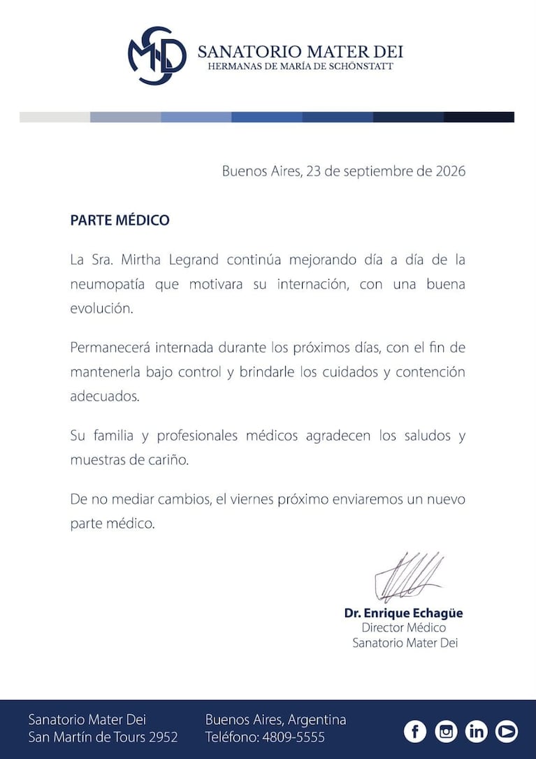 El comunicado del miércoles 23 de septiembre sobre la salud de Mirtha Legrand (Foto: Sanatorio Mater Dei).