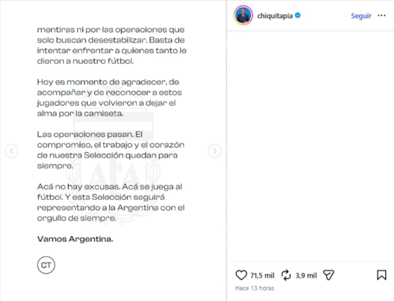 El comunicado del presidente de la AFA. Crédito instagram