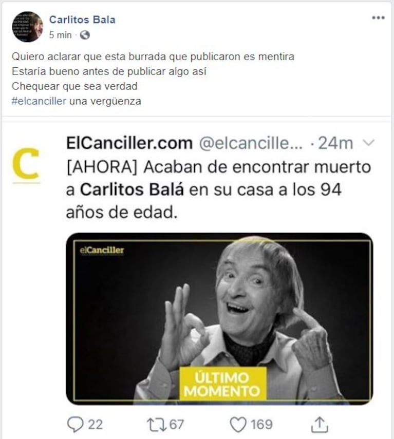 El comunicado en Facebook del sitio homenaje a Carlitos Balá, tras el rumor de su muerte: "Es mentira"