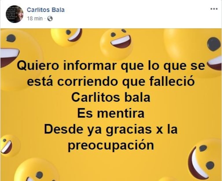 El comunicado en Facebook del sitio homenaje a Carlitos Balá, tras el rumor de su muerte: "Es mentira"